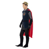 King arthur deluxe mens medieval costume, blue top, red cape, gloves, boot covers and plastic crown.