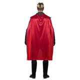 King arthur deluxe mens medieval costume, blue top, red cape, gloves, boot covers and plastic crown.