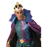 King Neptune Costume - Adult, long tunic with fish scale bodice, cape with large scalloped collar. Gold foam gauntlets and gold headpiece.