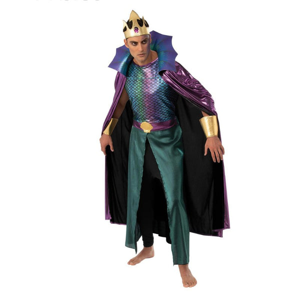 King Neptune Costume - Adult, long tunic with fish scale bodice, cape with large scalloped collar. Gold foam gauntlets and gold headpiece.