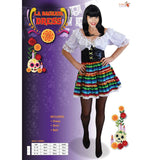 La Bachata Dancer Ladies Costume, colourful layered skirt with peasant blouse and wide belt.