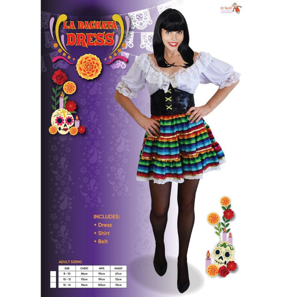 La Bachata Dancer Ladies Costume, colourful layered skirt with peasant blouse and wide belt.