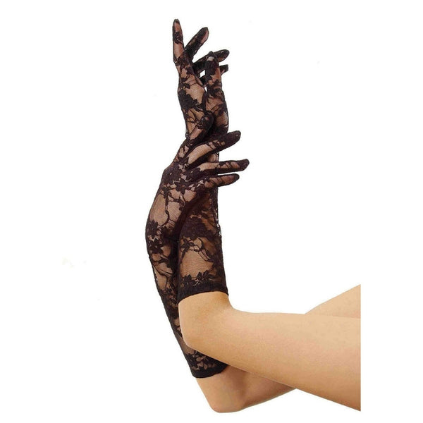 Lace Elbow Length Gloves - Black, flower design.