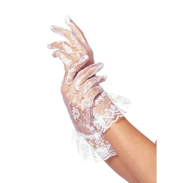 Lace Ruffle Wrist Gloves - White flower lace with frill at wrist.