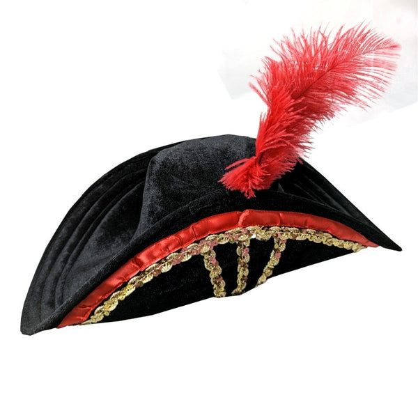 Ladies Pirate Hat w/ Gold Sequins and red feather and red ribbon trim.