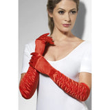 Ladies Red Gloves, elbow length, satin finish with ruching.