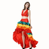 Ladies Rumba Costume, skirt in red, green, yellow and orange frills, short at front and long at back with red halter top.