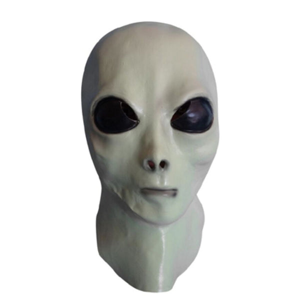 Latex alien mask, full overhead mask in cream colour with large eyes.