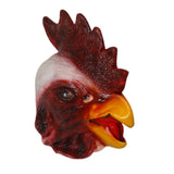 latex rooster mask, full overhead mask with red cone and yellow beak, easy to see through.