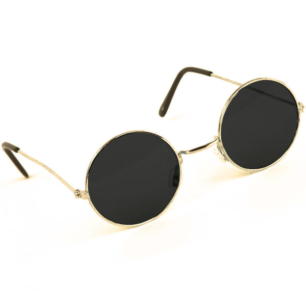 Lennon Round Glasses - Dark, gold frame with dark lenses, adult size.