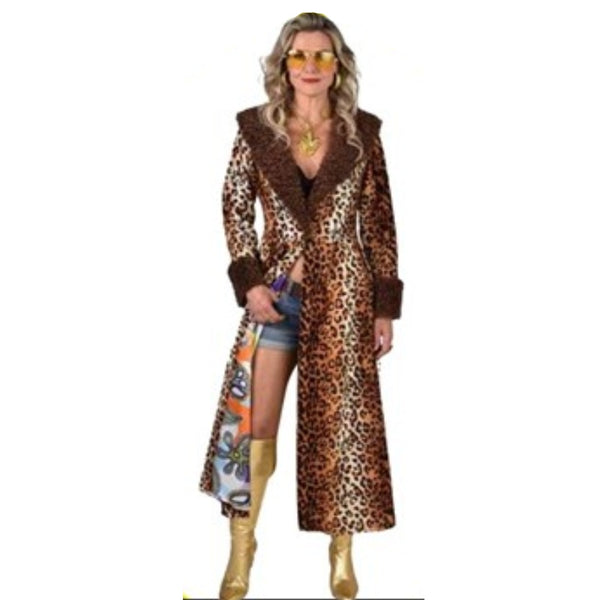 Leopard print ladies jacket, mid thigh print jacket with contrasting brown collar and cuffs.