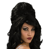 Long Beehive Rehab Wig-Rubies, oversized black beehive wig with long hair.