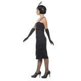 Long Black Flapper Dress, fringed back and front dress, headband with feather and elbow length gloves.
