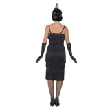 Long Black Flapper Dress, below the knee fringed 1920s flapper dress, gloves and headdress
