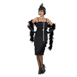 Long Black Flapper Dress, below the knee fringed 1920's flapper dress with shoe string straps, headdress and gloves.
