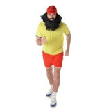 Long Distance Runner-Mens, yellow shirt, red shorts with cap and attached hair.