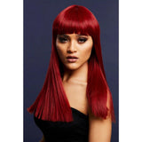 Long Ruby Red Fever Wig - Alexia, straight wig with bangs, heat styleable, quality wig.