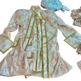 Louis XVI antique rose mens costume, exquisitely embroidered frock coat, vest, hire wig, cuffs and jabot.