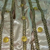 Louis XVI antique rose mens costume with gold braid and buttons.