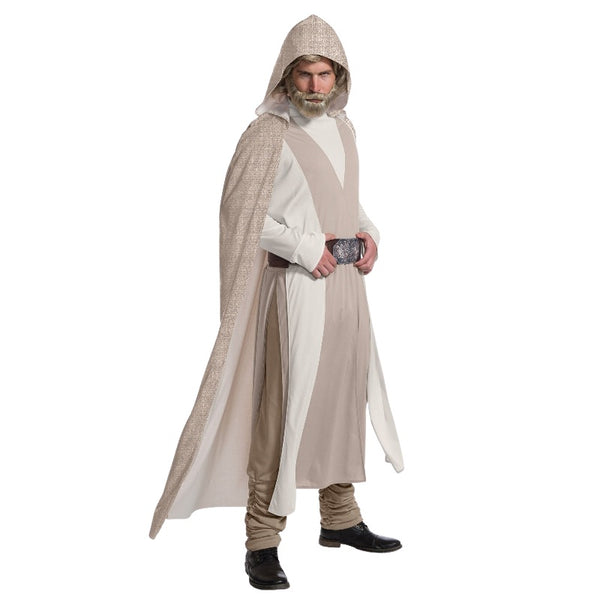 luke Skywalker deluxe costume for adults, long robe with panelled detail, long sleeves and stand away collar, long hooded cloak. pants with gathered detail stitched at lower leg, plus shaped belt.