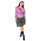 luna lovegood adult costume, pink print jacket and multi print black skirt, glasses and leg warmers.