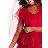 Lydia Deetz Wedding Dress Costume - Adult, red top and skirt ruffles in sparkly tulle fabric and veil. plus sheer long sleeves.