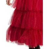 Lydia Deetz Wedding Dress Costume - Adult, red top and skirt ruffles in sparkly tulle fabric and veil, near ankle length.