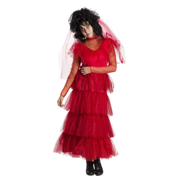 Lydia Deetz Wedding Dress Costume - Adult, red top and skirt ruffles in sparkly tulle fabric and veil.
