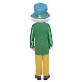 Mad Hatter Boys Deluxe Disney Costume, green jacket and yellow pinstripe pants, blue top hat.