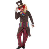 Mad hatter mens costume, long coat with rainbow trim on the pockets, matching bow tie, stripe trousers and hat with sash.