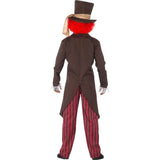 Mad hatter mens costume, long coat with rainbow trim on the pockets, matching bow tie, stripe trousers and hat with sash.