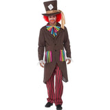 mad hatter mens costume, long brown jacket, stripe trousers, rainbow bowtie and hat with sash.