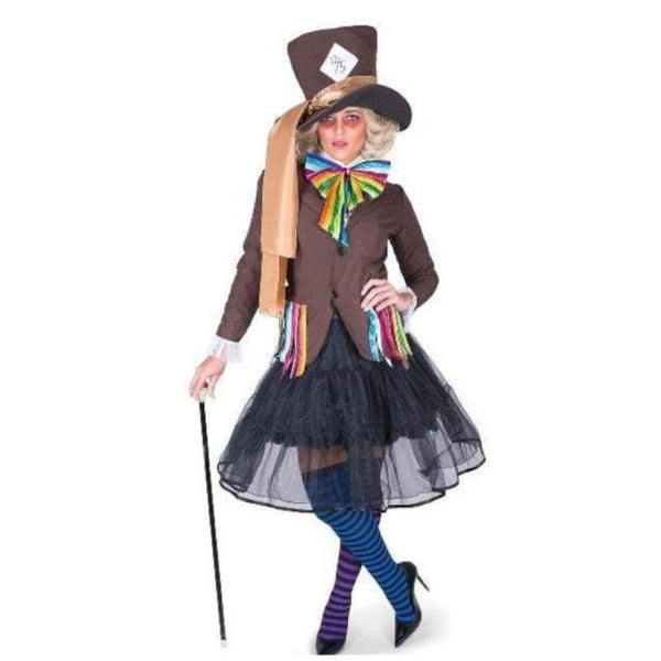 Mad Hatter Ladies Costume-Karnival, brown jacket, black skirt in tutu style, stripe miss match thigh high stockings plus over size hat.
