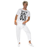 Made in 80s Men's White Costume, white pants and t-shirt with bold black print.