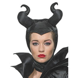 Maleficent deluxe adult costume, headdress velcros at chin, attached horns and peak at forehead.