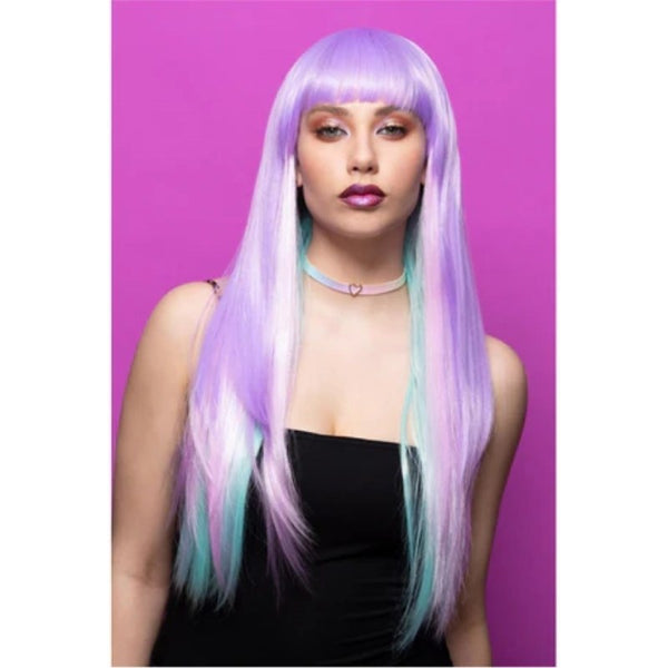 Manic Panic Fairy Queen Downtown Diva Wig, long straight lilac and teal wig with fringe, heat styleable, quality wig.