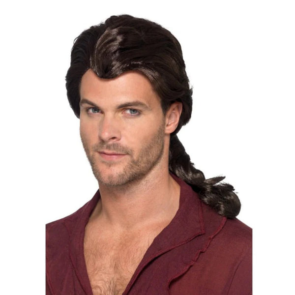 Marauder pirate wig in brown with pony tail, quiffed fringe, shoulder length.