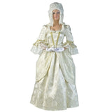 Marie antoinette gown in cream with gold trim, heavy brocade gown with lace neckline and sleeves. Hire includes, dress, petticoat and wig.