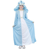 mary costume for girls, long blue and white dress with headdress.