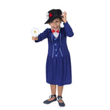 Mary Poppins Costume-Child, blue drop waist dress and felt hat with faux flowers.