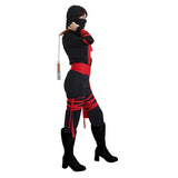 Masked Ninja Girl Costume black jumpsuite with red ties and  black face mask.