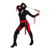 Masked Ninja Girl Costume black jumpsuit with red ties and black mask.