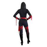 Masked Ninja Girl Costume, black jumpsuit and red ties.