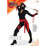 Masked Ninja Girl Costume, black jumpsuit with red ties and black face mask.