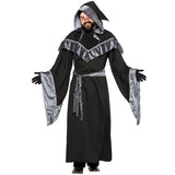 medieval dark sorcerer mens costume, robe with trumpet sleeves, hood/capelet with silver velour accents and belt.