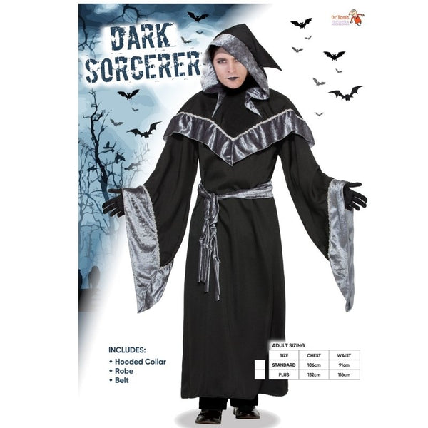 medieval dark sorcerer mens costume, robe with trumpet sleeves, hood/capelet with silver velour accents and belt.