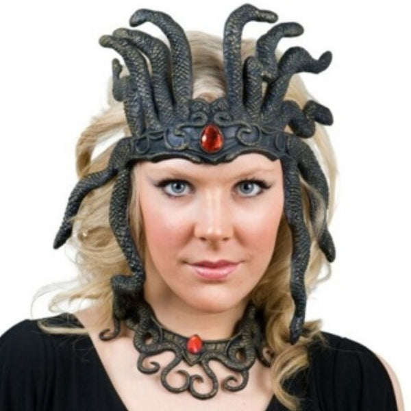 Medusa Headpiece & Necklace, snake headband and necklace with red jewels.
