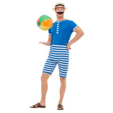 Mens 1920s Bathing Suit Costume, blue and white striped pants and blue top in jumpsuit, hat and moustache.