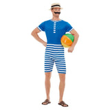 Mens 1920s Bathing Suit Costume, blue and white striped pants and blue top in jumpsuit, hat and moustache.