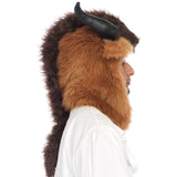 Men's Brutal Beast Hood with Horns, fur headdress with feature vinyl horns and dark fur mane. adult size.